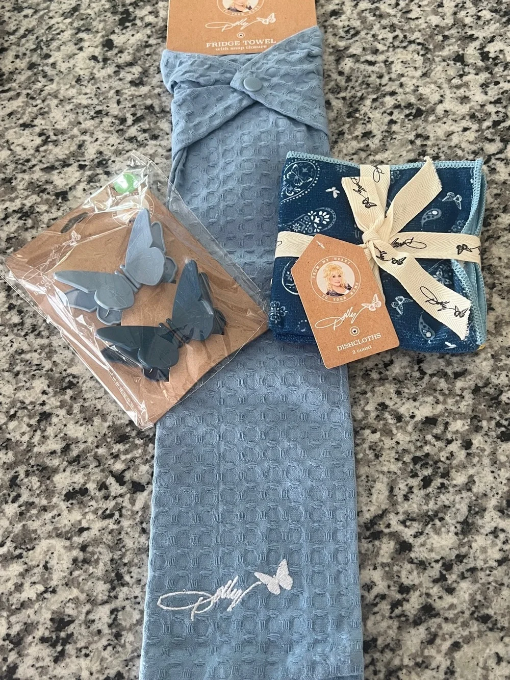 Dolly Parton Blue Waffle Fridge Towel & Dishcloth Set & clips